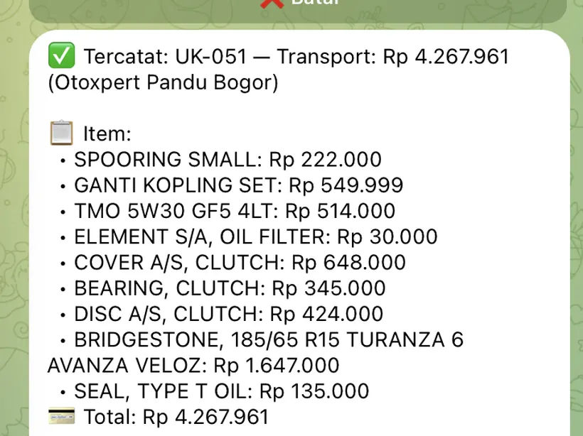Tercatat setelah dikonfirmasi — sembilan baris, utuh